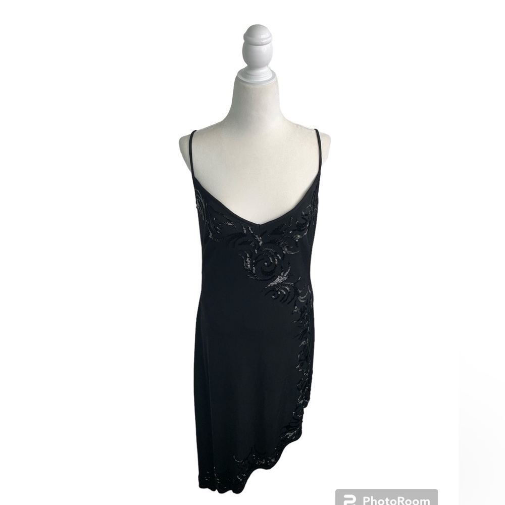 Tadashi Shoji Beaded Asymmetrical Shark Bite Black Sequins Dress sz L